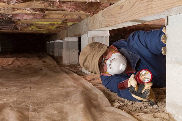 termite inspector in residential crawl space inspects a pier for termites.