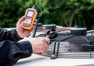 What Is CFM? HVAC technician measuring airflow with an anemometer to determine CFM