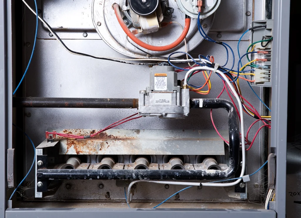 Close-up of the inside of a gas furnace showing burners, wiring, and internal mechanical components. Best for blogs about furnace repair, signs you need furnace replacement, furnace maintenance issues, why your furnace is not heating properly, unsafe furnace warning signs, and when to repair vs replace a furnace.