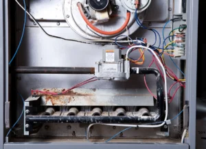 Close-up of the inside of a gas furnace showing burners, wiring, and internal mechanical components. Best for blogs about furnace repair, signs you need furnace replacement, furnace maintenance issues, why your furnace is not heating properly, unsafe furnace warning signs, and when to repair vs replace a furnace.