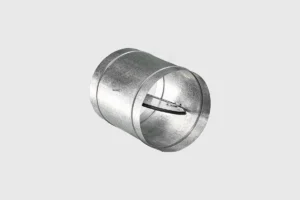A galvanized steel duct damper with a control blade mechanism for regulating airflow in HVAC ductwork systems. Best for blogs about HVAC dampers, zone control systems, airflow balancing, manual vs automatic dampers, ductwork components, uneven temperatures in the house.