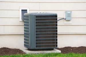 Residential outdoor AC condenser unit installed beside a house with visible electrical disconnect and wall penetration. Best for blogs about air conditioning systems, AC repair, condenser units, and residential cooling equipment.