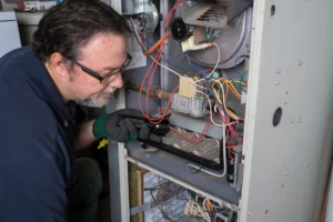 Furnace igniter not glowing during heating cycle in Lucia NC: technician inspecting internal components inside an open gas