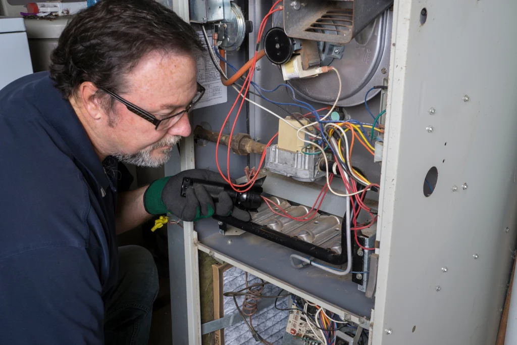Furnace pressure switch open stopping ignition in Lincolnton, NC: technician inspecting internal components inside an open